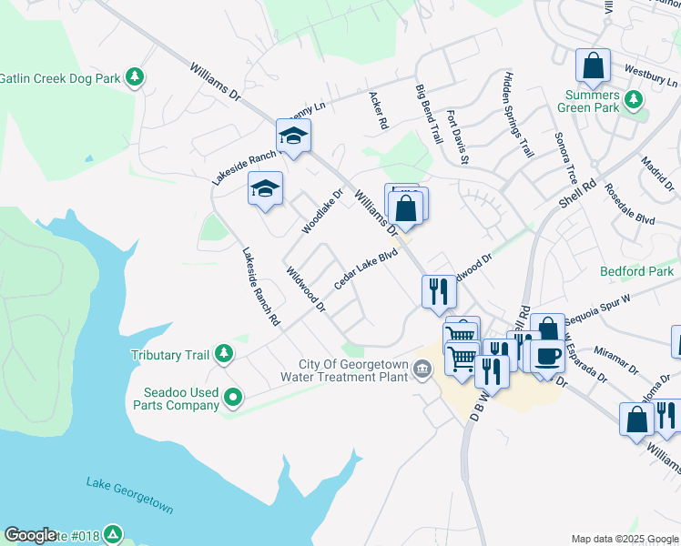 map of restaurants, bars, coffee shops, grocery stores, and more near 301 Cedar Lake Boulevard in Georgetown