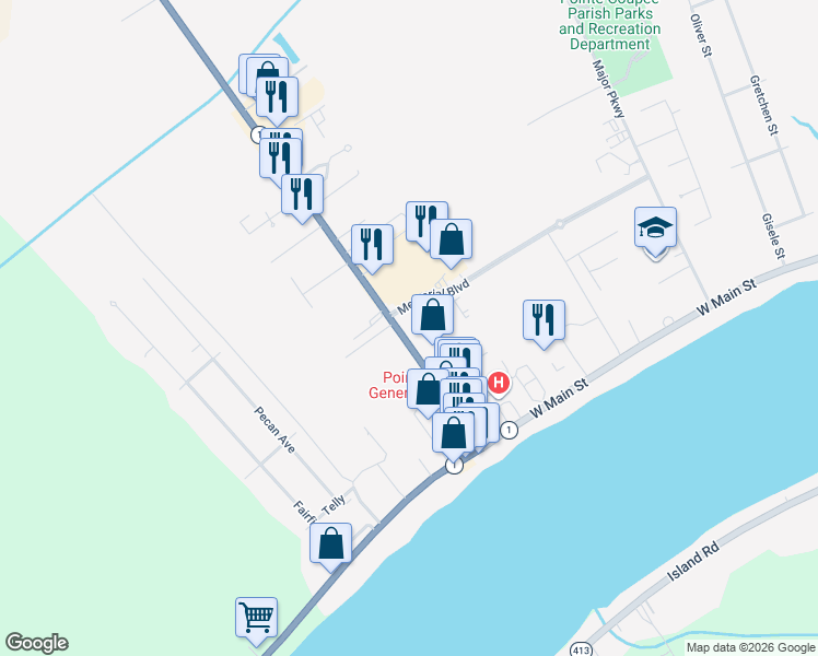 map of restaurants, bars, coffee shops, grocery stores, and more near 455 Hospital Road in New Roads