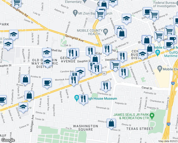 map of restaurants, bars, coffee shops, grocery stores, and more near 50 Common Street in Mobile