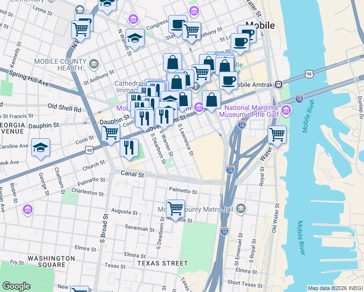 map of restaurants, bars, coffee shops, grocery stores, and more near 206 South Cedar Street in Mobile