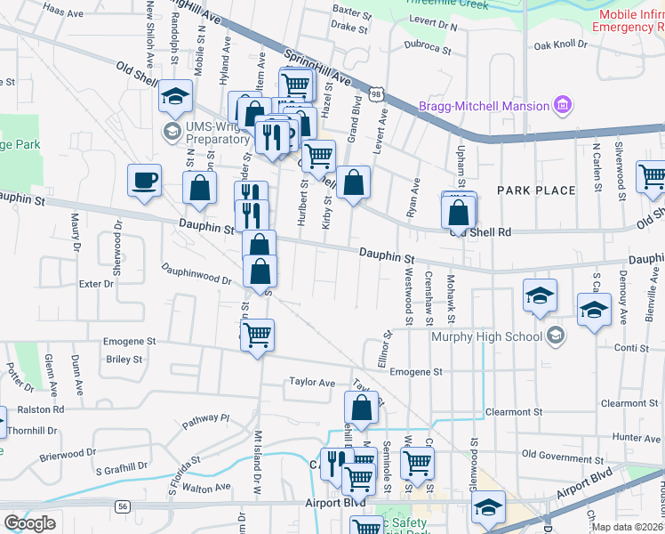 map of restaurants, bars, coffee shops, grocery stores, and more near 10 Benedict Place in Mobile
