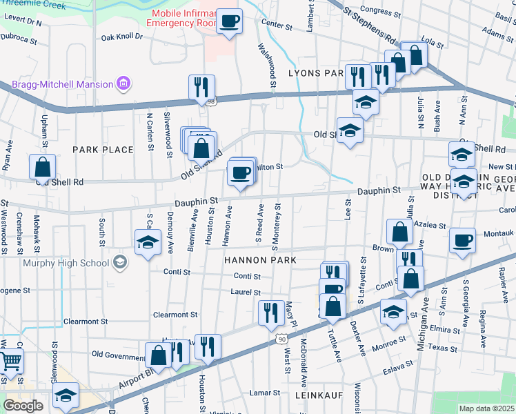 map of restaurants, bars, coffee shops, grocery stores, and more near 1706 Dauphin Street in Mobile