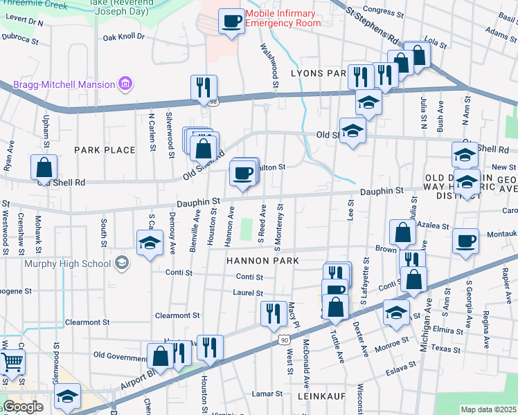 map of restaurants, bars, coffee shops, grocery stores, and more near 1706 Dauphin Street in Mobile