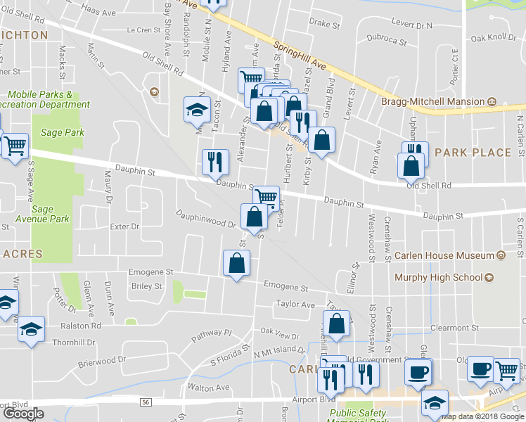 map of restaurants, bars, coffee shops, grocery stores, and more near 18 South Florida Street in Mobile