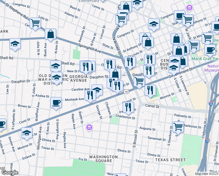 map of restaurants, bars, coffee shops, grocery stores, and more near Common Street in Mobile