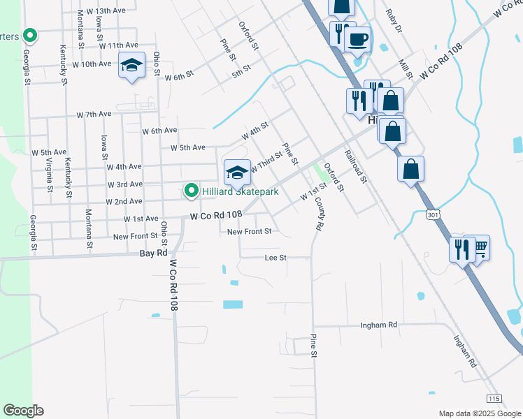 map of restaurants, bars, coffee shops, grocery stores, and more near 8149 West 1st Street in Hilliard