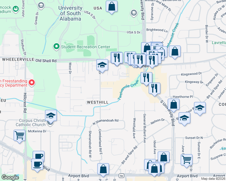 map of restaurants, bars, coffee shops, grocery stores, and more near 5904 Windham Court in Mobile