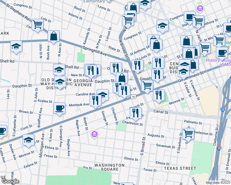 map of restaurants, bars, coffee shops, grocery stores, and more near Common Street in Mobile