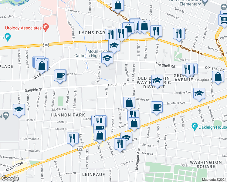 map of restaurants, bars, coffee shops, grocery stores, and more near 7 South Lafayette Street in Mobile