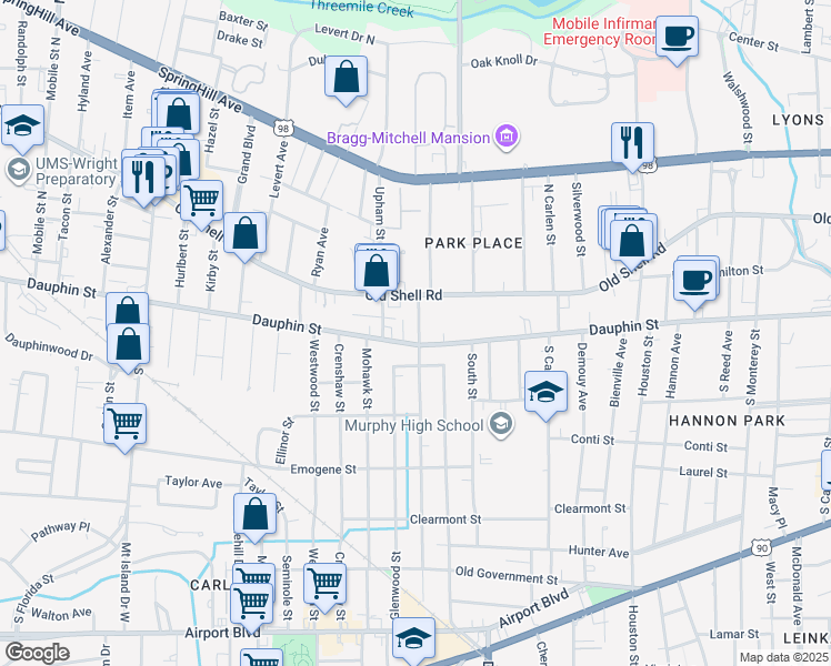 map of restaurants, bars, coffee shops, grocery stores, and more near 2065 Old Shell Road in Mobile