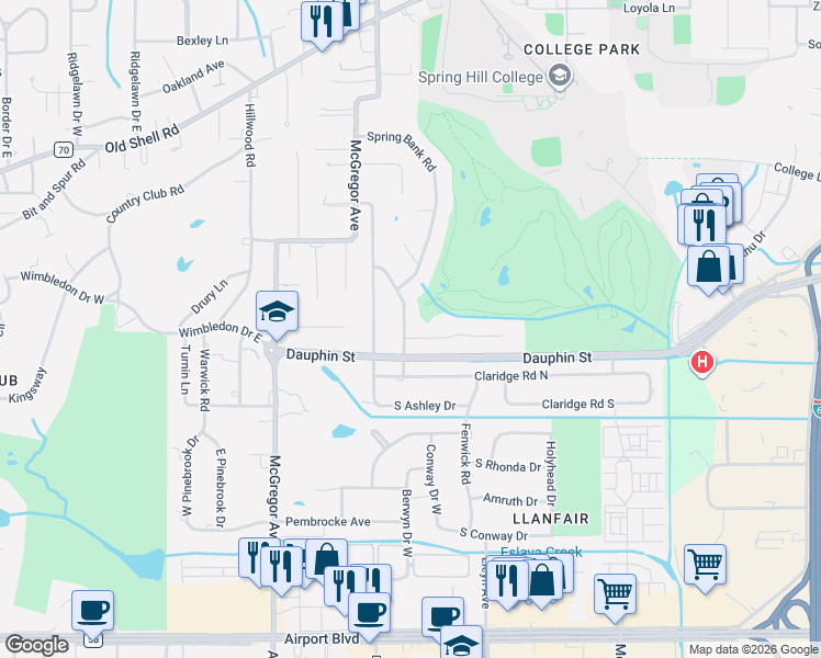 map of restaurants, bars, coffee shops, grocery stores, and more near 21 Edgefield Road in Mobile