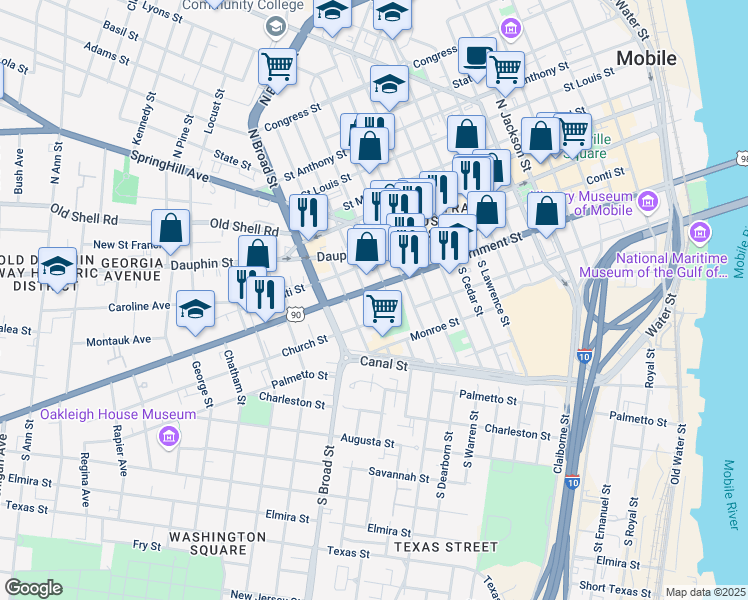 map of restaurants, bars, coffee shops, grocery stores, and more near 750-754 Government St in Mobile