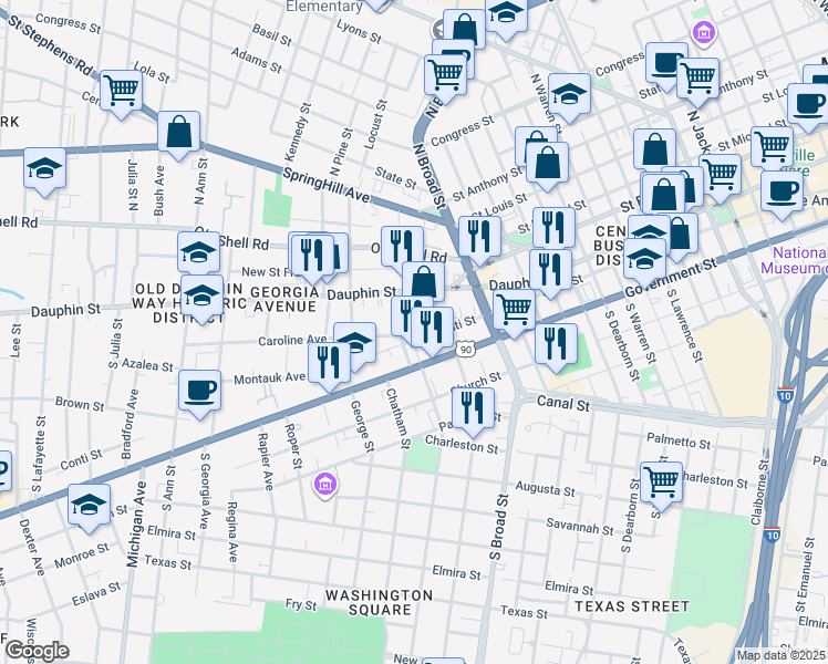 map of restaurants, bars, coffee shops, grocery stores, and more near 11 Common Street in Mobile
