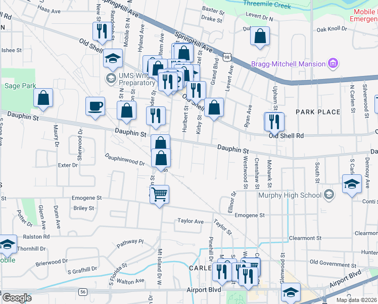 map of restaurants, bars, coffee shops, grocery stores, and more near 1 Elizabeth Place in Mobile