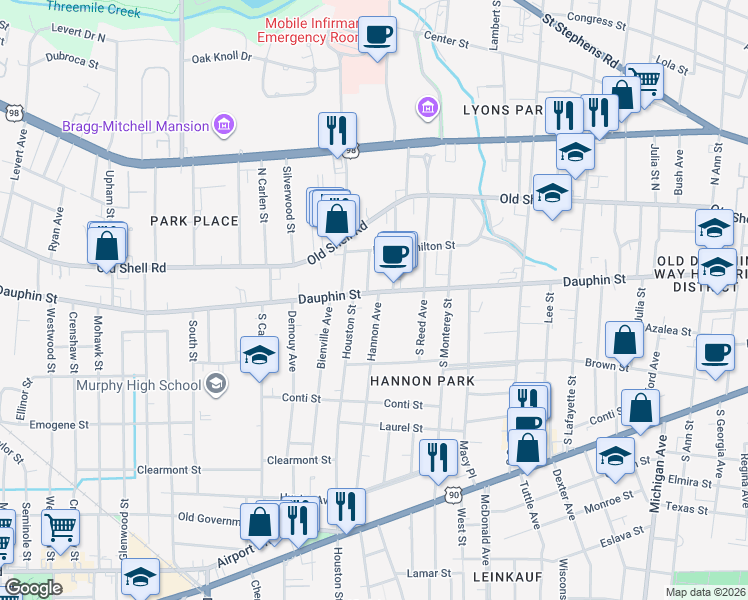 map of restaurants, bars, coffee shops, grocery stores, and more near 1760 Dauphin Street in Mobile