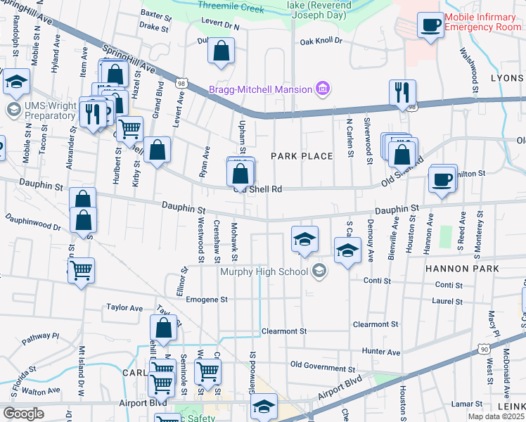 map of restaurants, bars, coffee shops, grocery stores, and more near 2065 Old Shell Road in Mobile