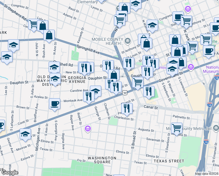 map of restaurants, bars, coffee shops, grocery stores, and more near 11 Common Street in Mobile