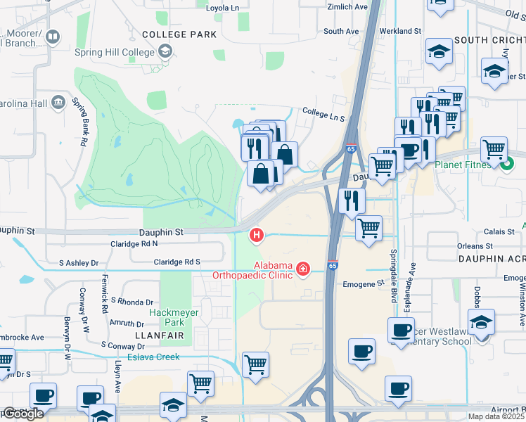 map of restaurants, bars, coffee shops, grocery stores, and more near 3712 Dauphin St in Mobile