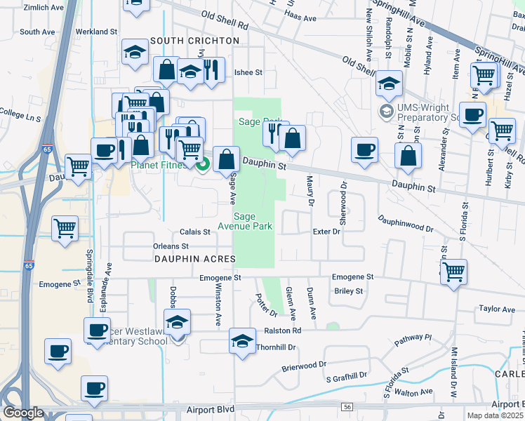 map of restaurants, bars, coffee shops, grocery stores, and more near 30 Lourando Dr in Mobile