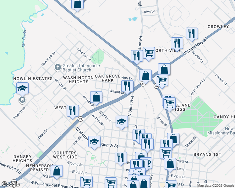 map of restaurants, bars, coffee shops, grocery stores, and more near 508 Walnut Street in Bryan