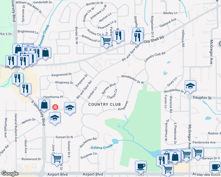 map of restaurants, bars, coffee shops, grocery stores, and more near 65 Byrnes Boulevard in Mobile