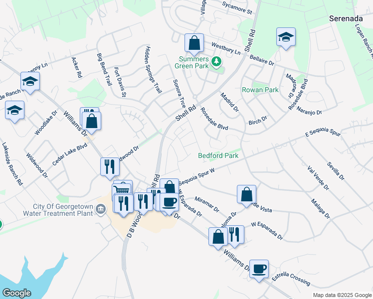 map of restaurants, bars, coffee shops, grocery stores, and more near 101 Red Rose Drive in Georgetown