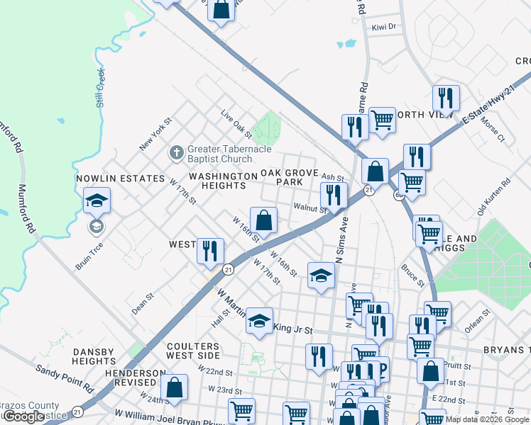 map of restaurants, bars, coffee shops, grocery stores, and more near 801 Jenkins Street in Bryan