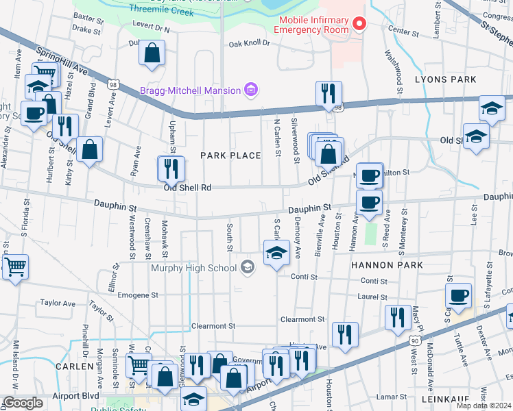 map of restaurants, bars, coffee shops, grocery stores, and more near 1900 Dauphin Street in Mobile