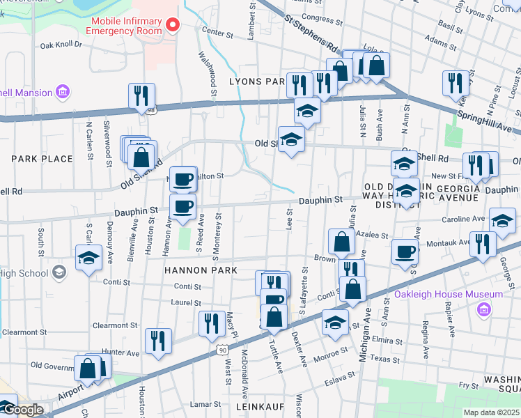 map of restaurants, bars, coffee shops, grocery stores, and more near 1555 Dauphin Street in Mobile