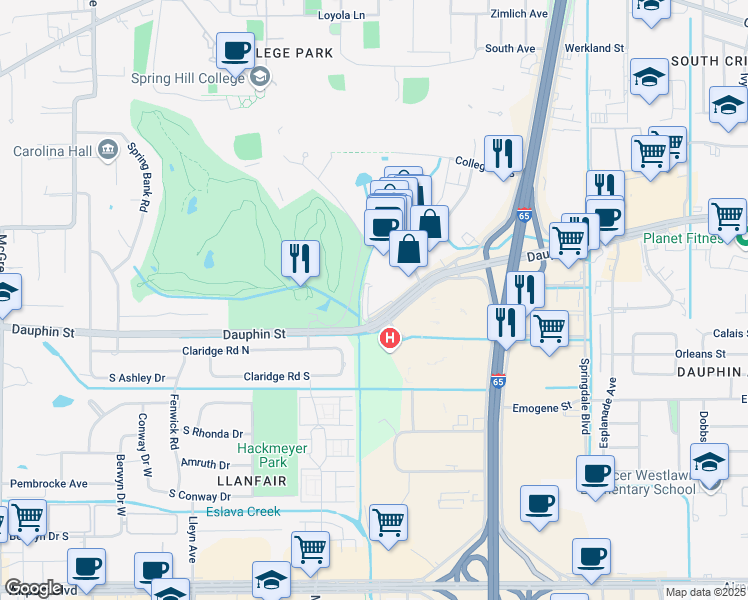 map of restaurants, bars, coffee shops, grocery stores, and more near 3712 Dauphin Street in Mobile