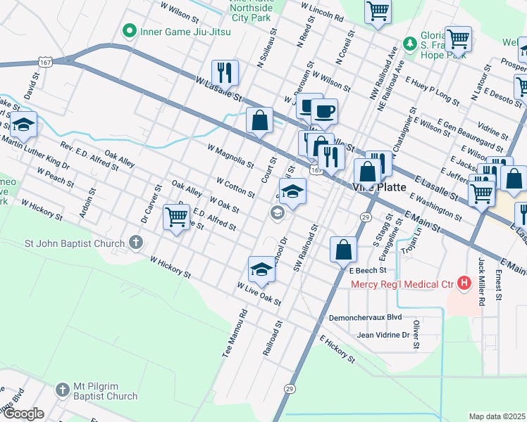 map of restaurants, bars, coffee shops, grocery stores, and more near 300-398 West Cotton Street in Ville Platte