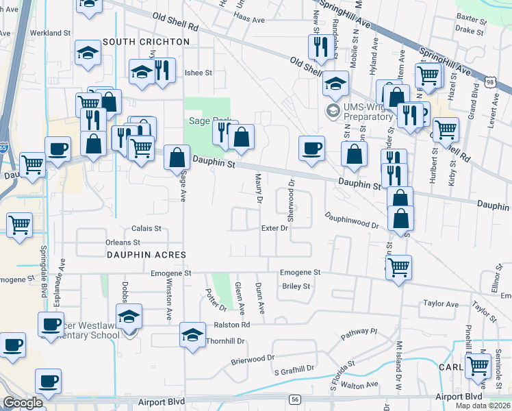 map of restaurants, bars, coffee shops, grocery stores, and more near 18 Maury Drive in Mobile