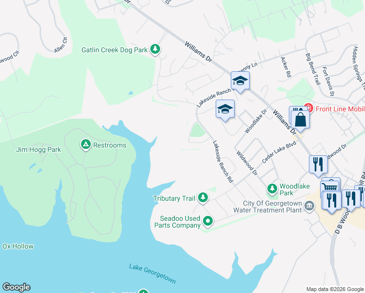 map of restaurants, bars, coffee shops, grocery stores, and more near 140 Lake Rim Circle in Georgetown