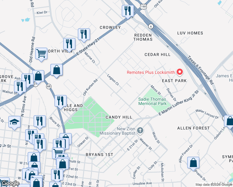 map of restaurants, bars, coffee shops, grocery stores, and more near 1060 Paris Street in Bryan
