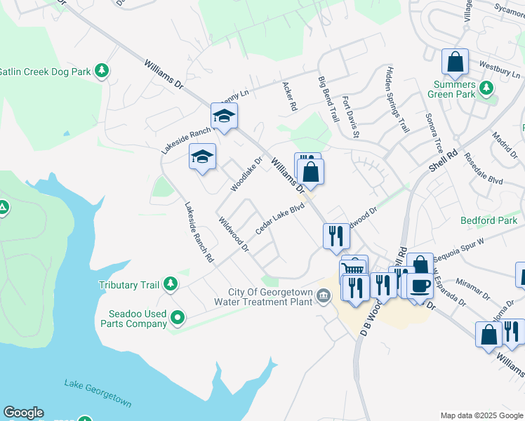 map of restaurants, bars, coffee shops, grocery stores, and more near 4712 Woodstock Drive in Georgetown