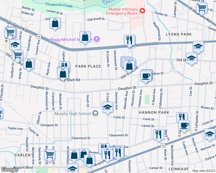 map of restaurants, bars, coffee shops, grocery stores, and more near 1852 Dauphin Street in Mobile