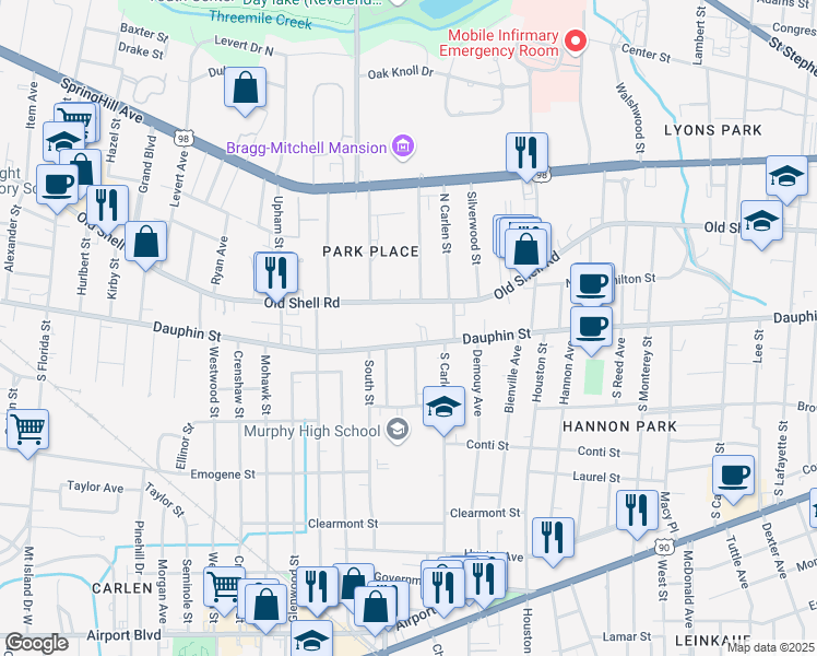 map of restaurants, bars, coffee shops, grocery stores, and more near 1900 Dauphin Street in Mobile