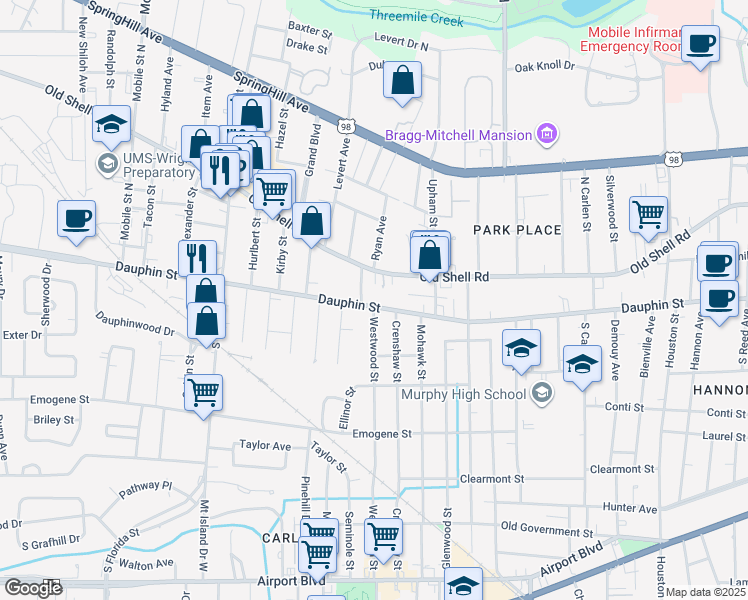map of restaurants, bars, coffee shops, grocery stores, and more near 2204 Dauphin Street in Mobile