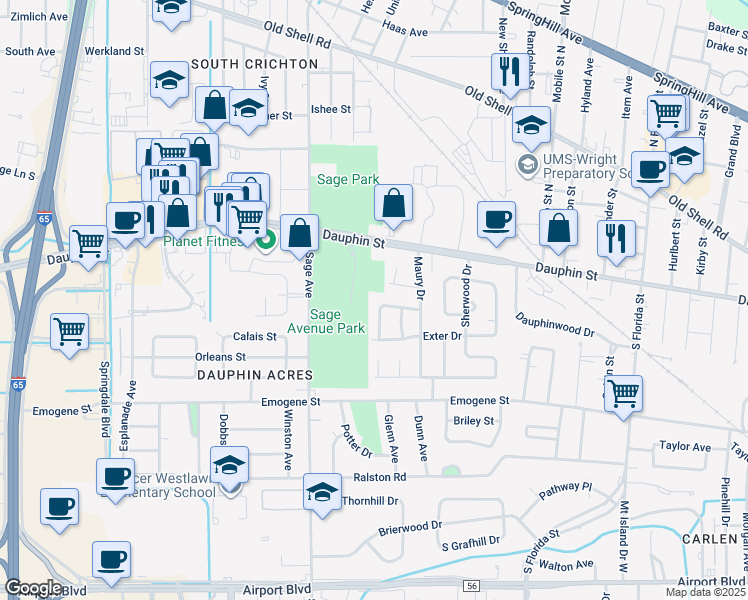 map of restaurants, bars, coffee shops, grocery stores, and more near 30 Lourando Dr in Mobile