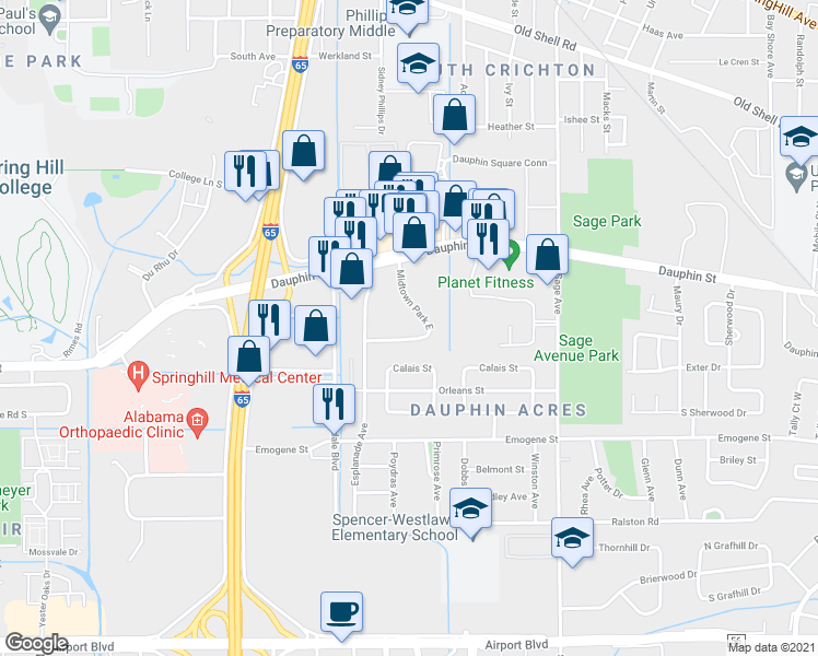 map of restaurants, bars, coffee shops, grocery stores, and more near 3164 Midtown Park South in Mobile