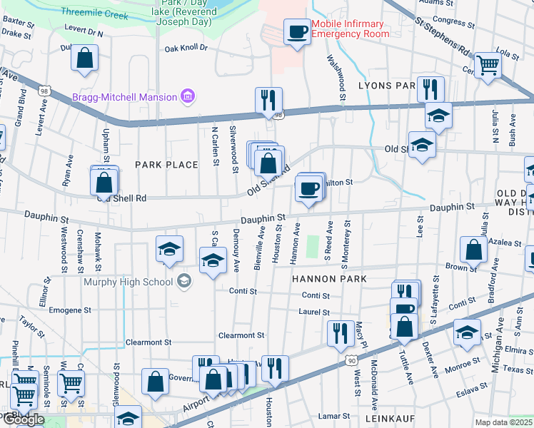 map of restaurants, bars, coffee shops, grocery stores, and more near 1800 Dauphin St in Mobile