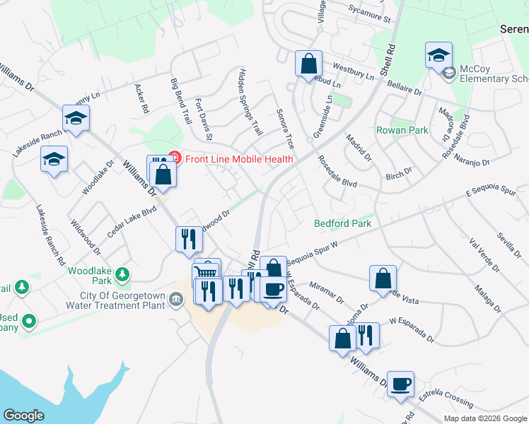 map of restaurants, bars, coffee shops, grocery stores, and more near 801 Indian Hawthorne Drive in Georgetown