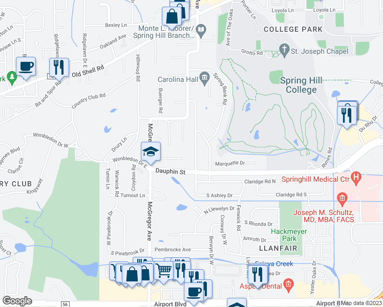 map of restaurants, bars, coffee shops, grocery stores, and more near 22 Ashley Drive in Mobile