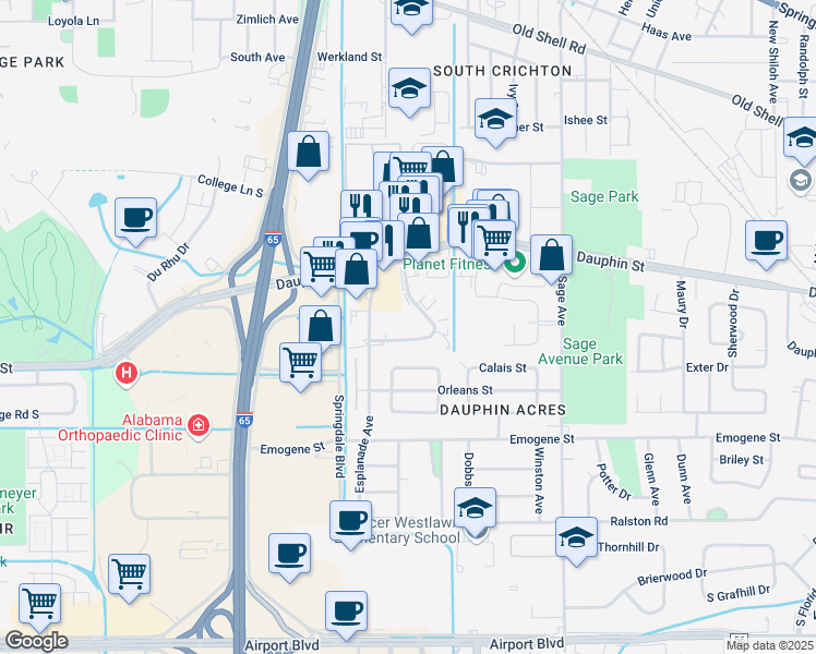 map of restaurants, bars, coffee shops, grocery stores, and more near 3164 Midtown Park S in Mobile