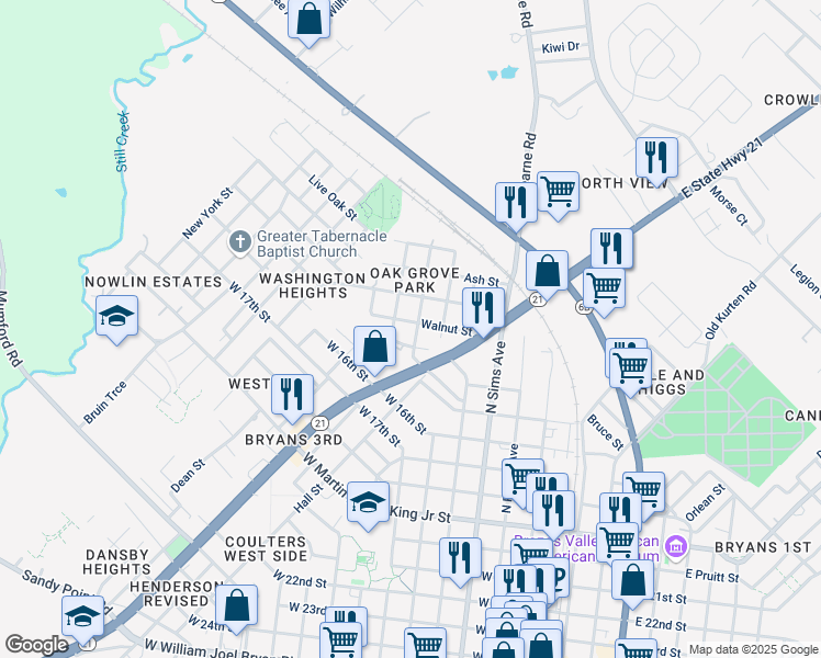 map of restaurants, bars, coffee shops, grocery stores, and more near 701 Walnut St in Bryan