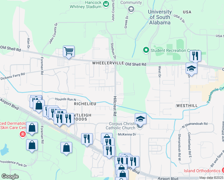 map of restaurants, bars, coffee shops, grocery stores, and more near 6401 Cedar Bend Court in Mobile