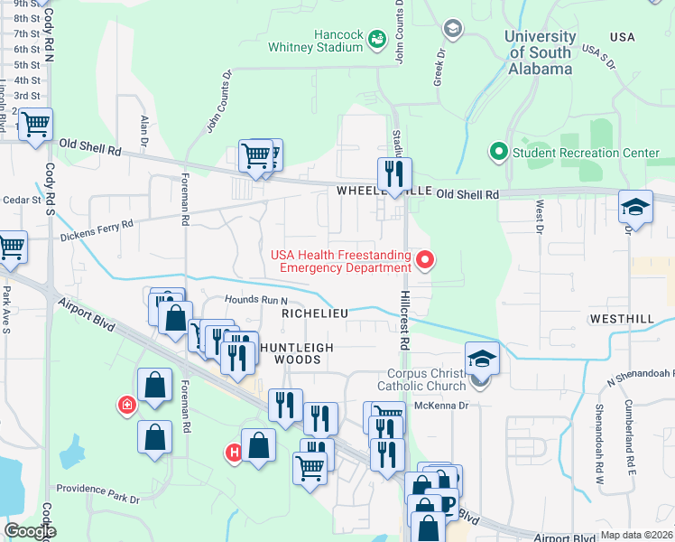 map of restaurants, bars, coffee shops, grocery stores, and more near 6521 Cedar Bend Court in Mobile