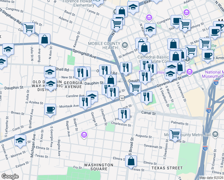 map of restaurants, bars, coffee shops, grocery stores, and more near 918 Conti St in Mobile