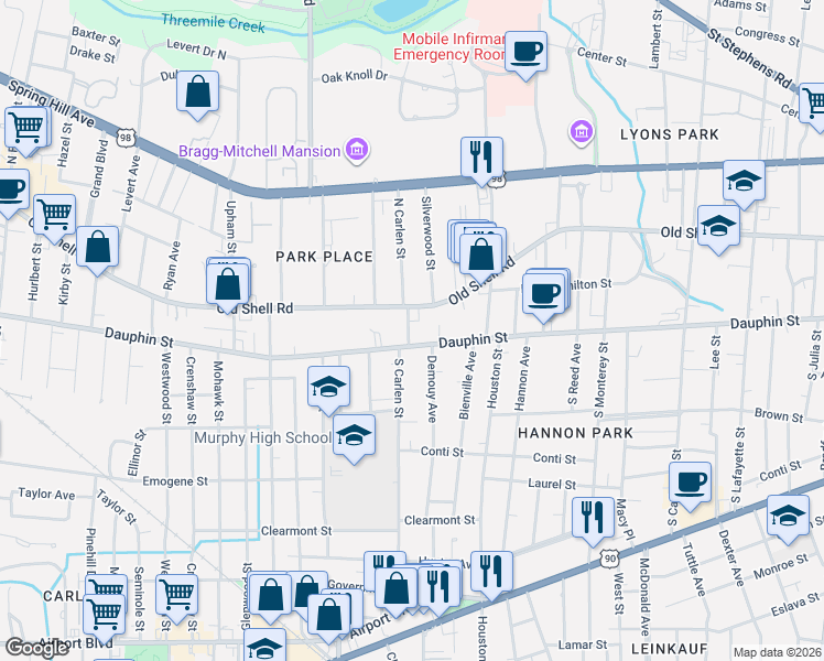 map of restaurants, bars, coffee shops, grocery stores, and more near 1852 Dauphin Street in Mobile