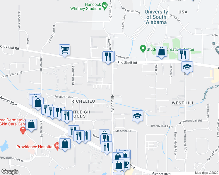 map of restaurants, bars, coffee shops, grocery stores, and more near 6401 Cedar Bend Court in Mobile